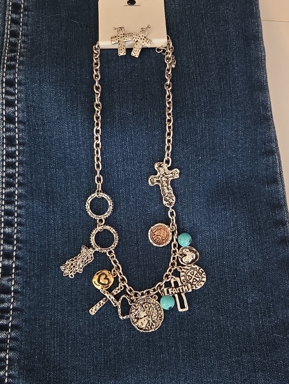 Faith Charm Silver-Tone Necklace with Turquoise Accents
